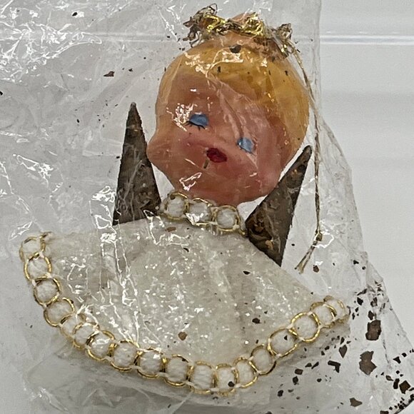 Vintage 3" Angel Blow Mold Ornament w/ Wings Hong Kong Original Package flocked - Picture 10 of 16